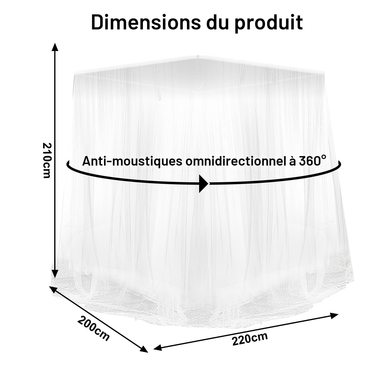 Mizikuu Moustiquaire de Lit Carrée 200 x 220 x 210 cm - Grand Format pour Lits Simples et Doubles - Isolation Efficace Contre Les Moustiques Extérieurs