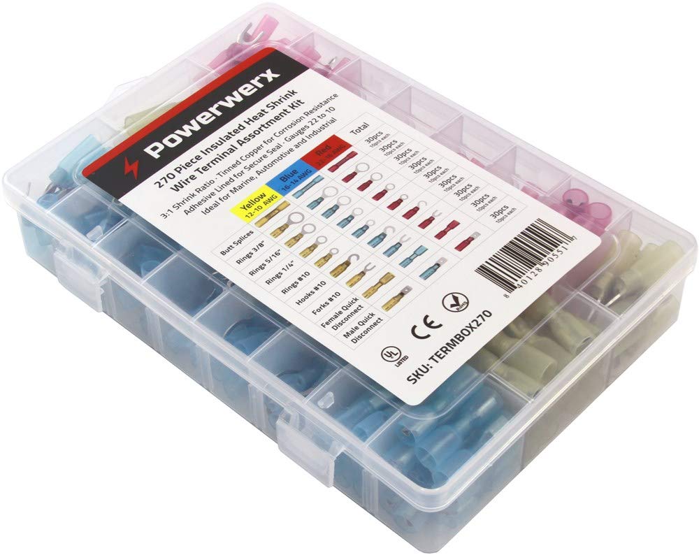Powerwerx TERMBOX270 Heat Shrink Wire Terminal Connector Kit, 270 Piece Assortment of Waterproof Electrical Crimp Connectors