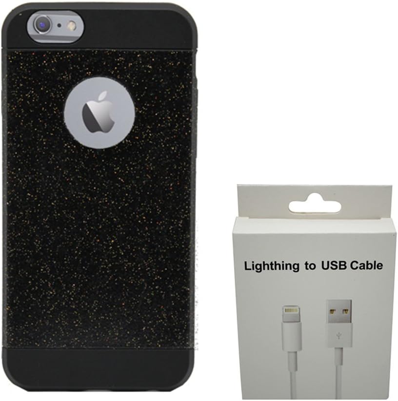 iPhone 6 Plus Charging Cord - PLUS iPhone 6 Plus Glitter Case - Protective Rubber Case TPU - Fits iPhone 6 (5.5" Screen) - Includes OEM Lightening USB Charge & Sync Cable [BUNDLE, 2 pieces] (Glitter Black)