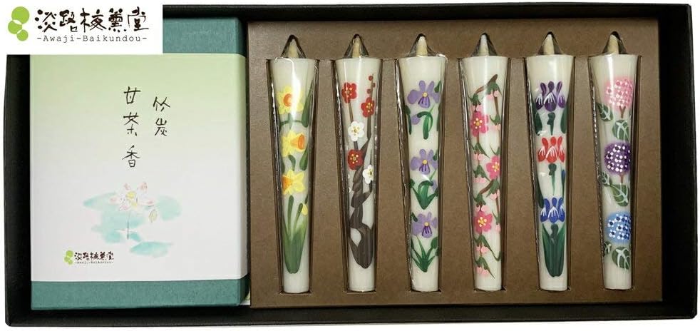 Araji Plum Kodo No.3 Flower Candle Mini Low Smoking Incense Set Hand Painted Hand Painted for Gift Companion Bamboo Charcoal Sweet Tea Incense, 0.9 oz (25 g) and 6 Hand Painted Candles Set (1st Half) #1112