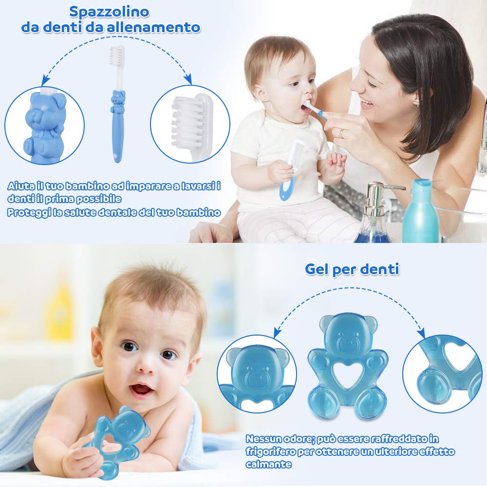 Lictin Set per la Cura del Bambino - Beauty BabyCare - Calibro, pettine, spazzolino da denti, dispositivo di aspirazione nasale e altri accessori (azzurro)