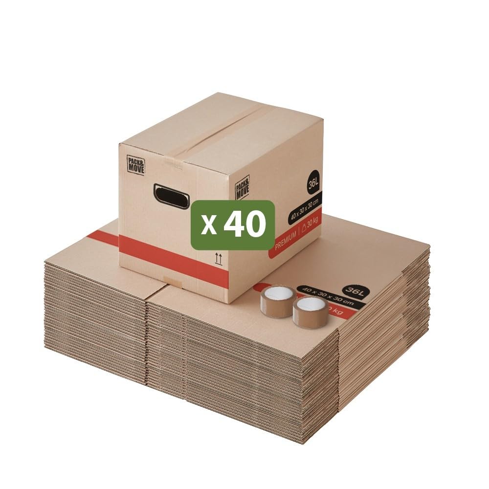 Pack and Move – Lote de 40 cajas para mover libros premium – 40 x 30 x 30 cm – Extrema resistencia 30 kg – Doble grosor – 2 adhesivos