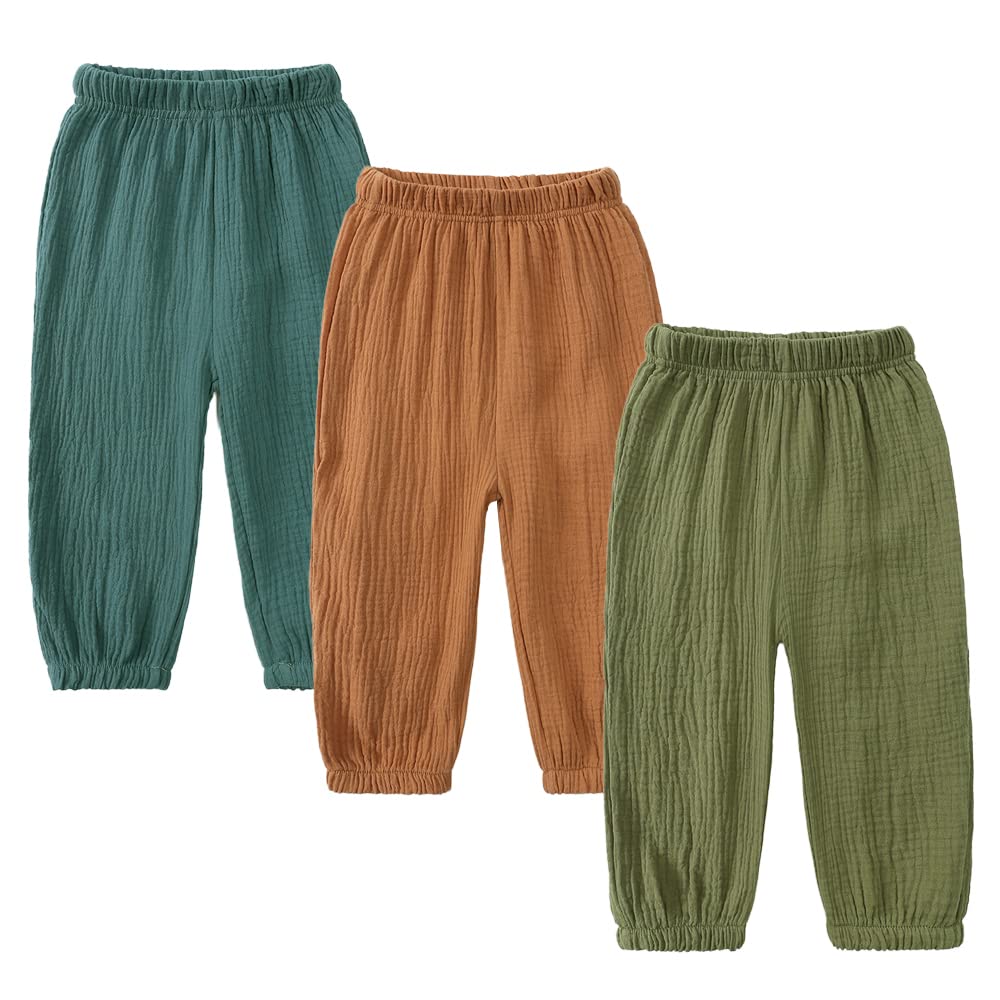 Kids Tales3 Pack Boys Girls Cotton Linen Pants Child Basic Plain Solid Trousers Big Kids Elastic Waist Long Pants Bloomers