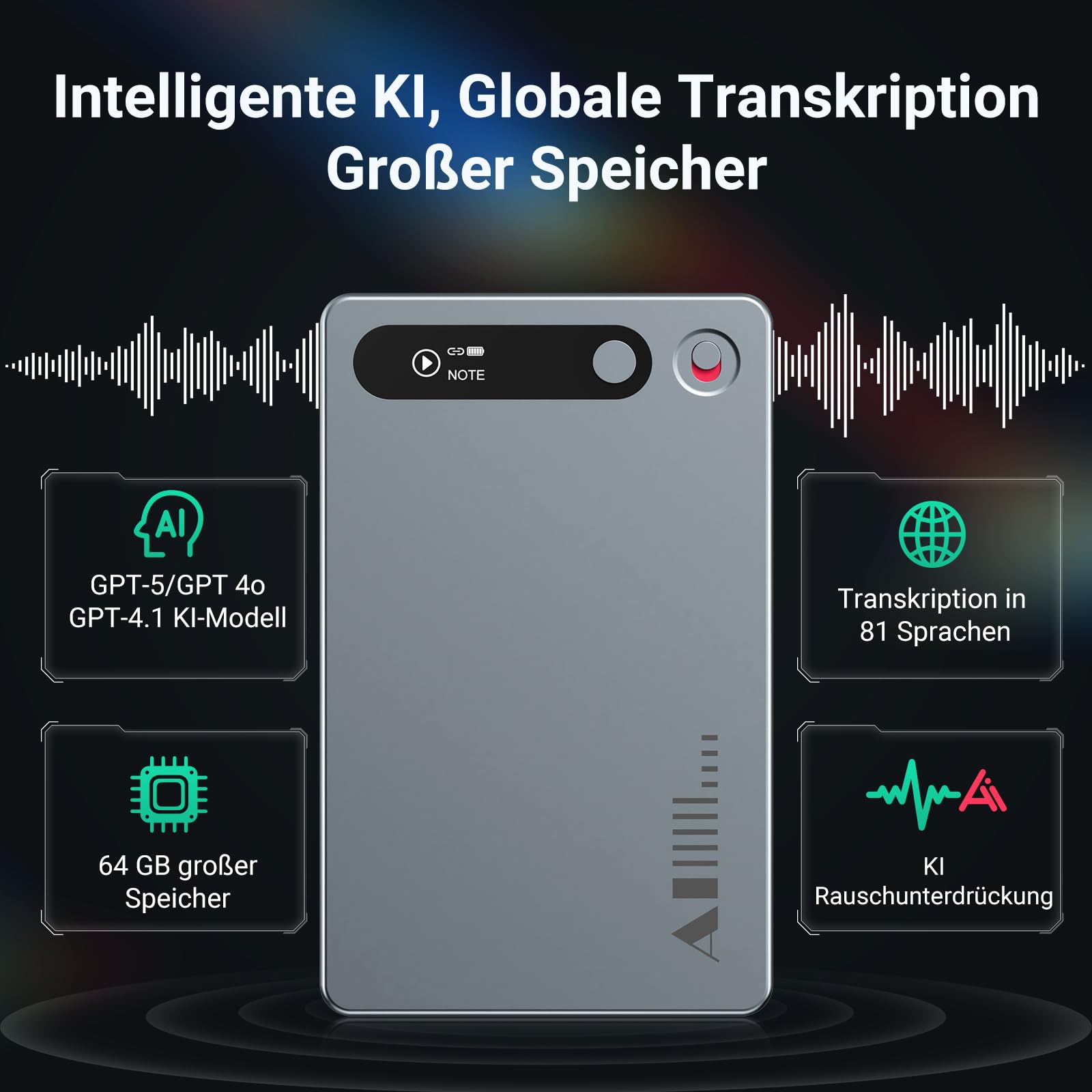 MECHEN KI Diktiergerät Digitales, 64GB Aufnahmegerät mit KI-Technologie zum Transkribieren und Zusammenfassen, App-Steuerung, Unbegrenzte Cloud, Unterstützt 81 Sprachen (Grau) | KI-Transkription Zusammenfassungen in 80+ Sprachen, Bluetooth, Magnetische Te