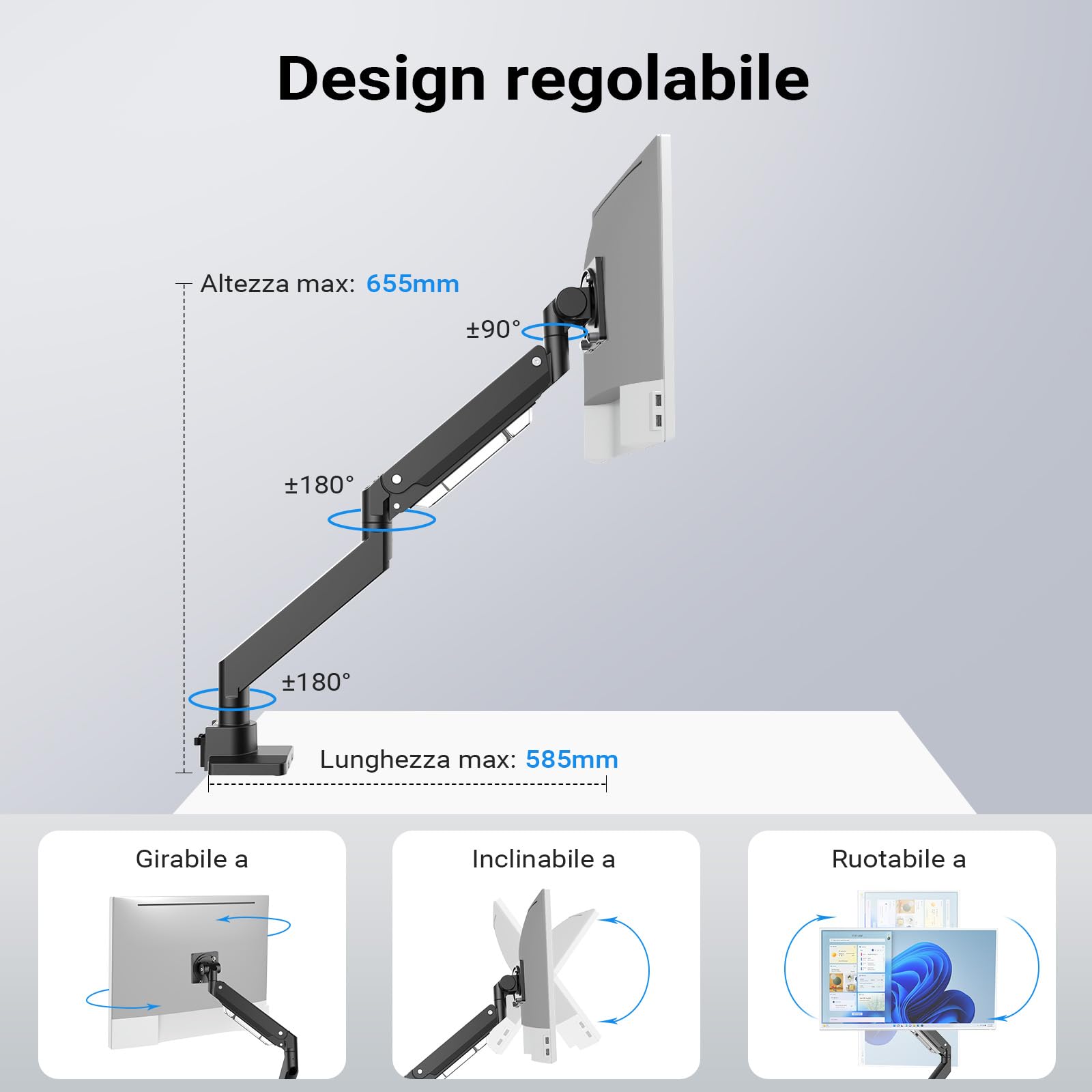 Wiltec Braccio monitor da scrivania Supporto per schermi da 17 a 57" conforme a VESA, con molla a gas