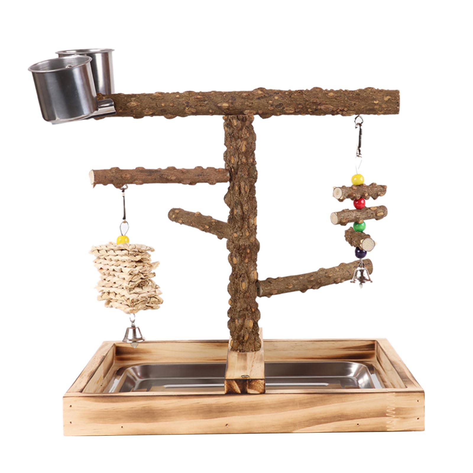 PANGBOER Vogelschaukel, Papageienkäfig Spielzeug, Holzschaukel mit Spielzeugtablett, Futterbecher, Training für kleine Vögel, Papageien, großer Spielständer