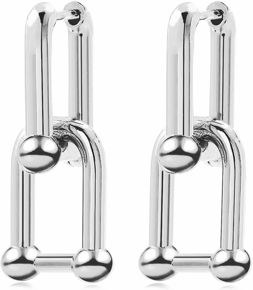 Amoina 14k Gold Plated Ball U Shape Pin Y2K Style Chunky Earring Link Chain Chunky Circle Hoop Earrings Paperclip Link Chain Jewelry Drop Dangle Earrings set for women