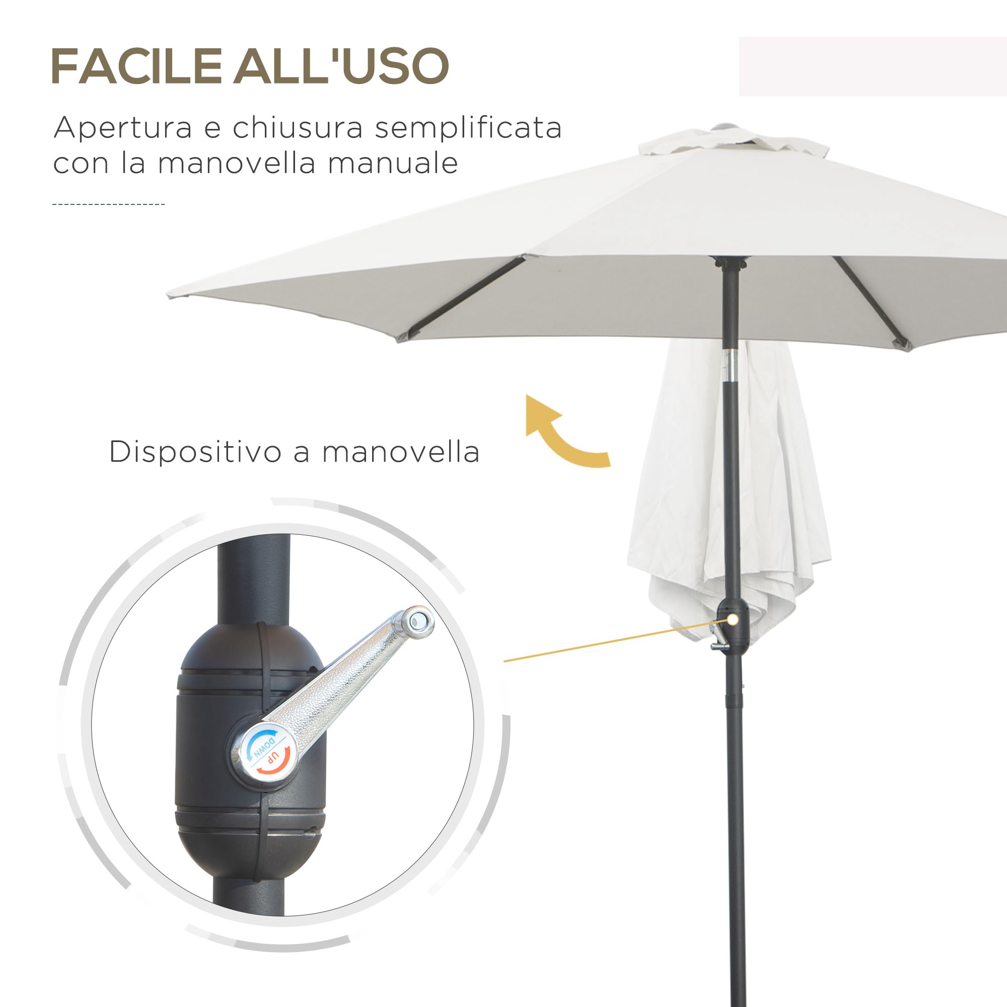 Outsunny Ombrellone da Giardino Ø2.6x2.35 m Inclinabile con Manovella, Ombrellone da Esterno a 6 Stecche in Alluminio, Metallo e Poliestere 180g/㎡, Crema