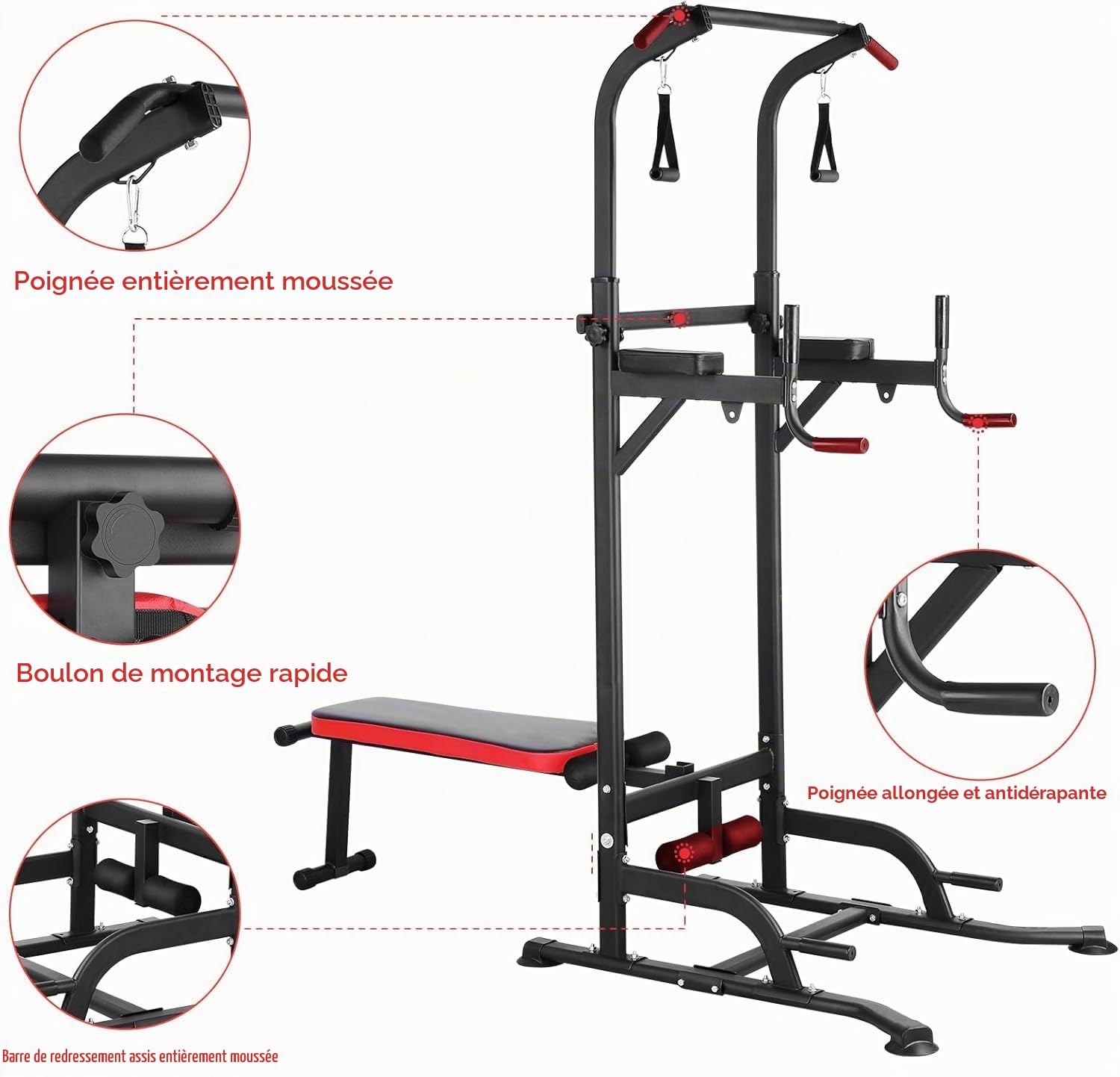 Power Tower Barre de Traction avec Banc de Musculation Pliable Chaise Romaine Hauteur Réglables Multifonction Dips Abdominaux Station de Musculation Entraînement à Domicile, Accoudoirs, Fitness, 200KG
