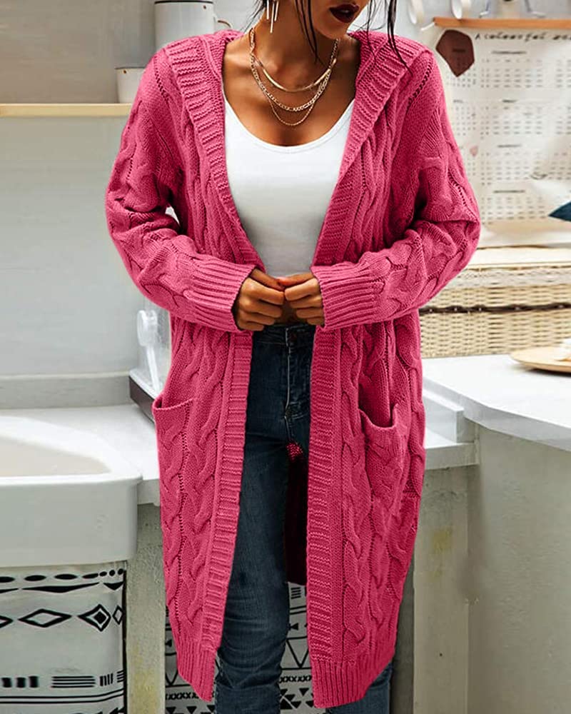 Strickjacke Damen mit Kapuze Langarm Grobstrick-Cardigan Open Front Sweater Herbst Winter Casual mit Taschen