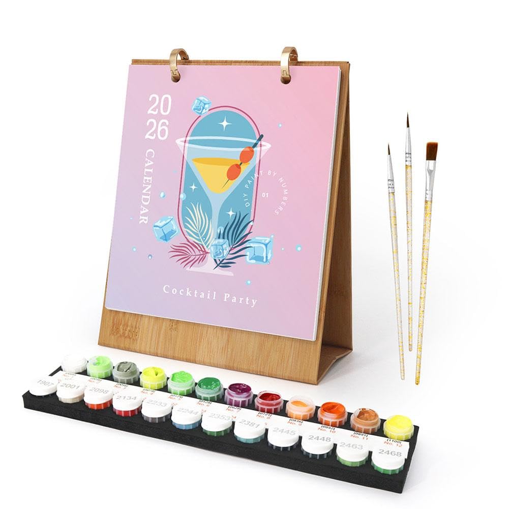 Paint by Numbers Calendar Kit,2026 Calendar 12 Month Standing Flip Planner,Desk Calendar with Pre-Printed Canvas & Paints,12 Different Green Plants Potted Flowers,Art Supplies