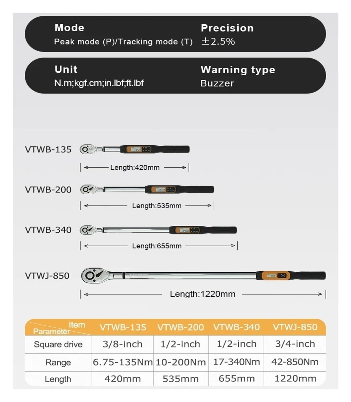 Chiave dinamometrica Digitale da 3/8 135Nm 1/2 Pollice 200Nm 340Nm con cicalino e LED(VTWB-135)