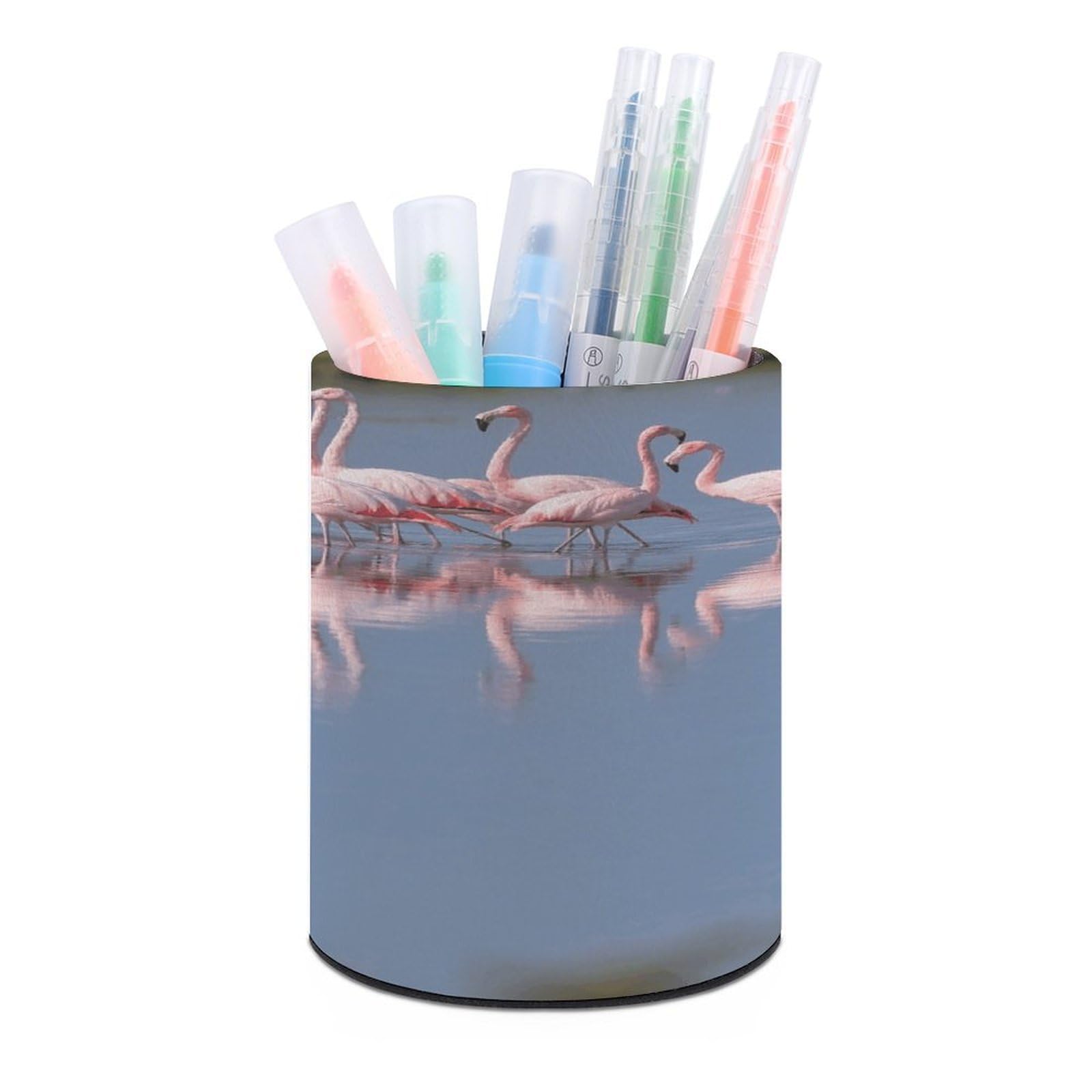 VstaDank - Round Pen Holder, Flamingo Flock Pattern PU Leather Desk Organizer Stand for Desk Decoration Desk Office Home (3.1