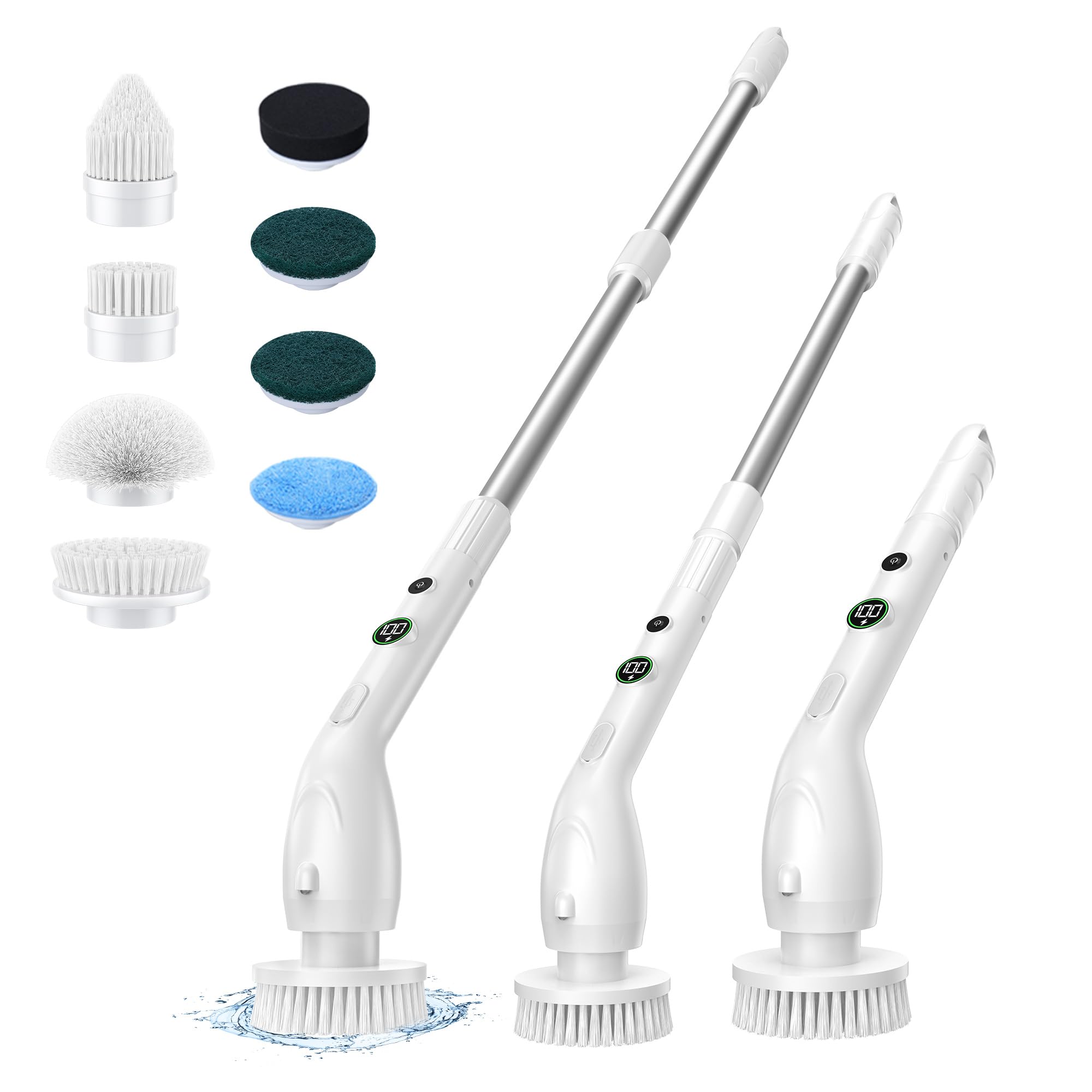 Electric Spin Scrubber, Cleaning Brush with 8 Brush Heads, IPX7 Waterproof LED Display, Adjustable Extension Handle Shower Scrubber for Bathroom Floor Tub Tile (White)