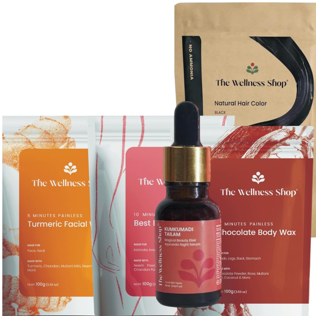 The Wellness Shop Combo- Turmeric Facial, Chocolate Body & Bikini Wax Powder (100g Each) + Post Wax Gel + Period Cramp Roll-On (40ml) | Hair Removal & Pain Relief | Natural Skin & Wellness Care Set