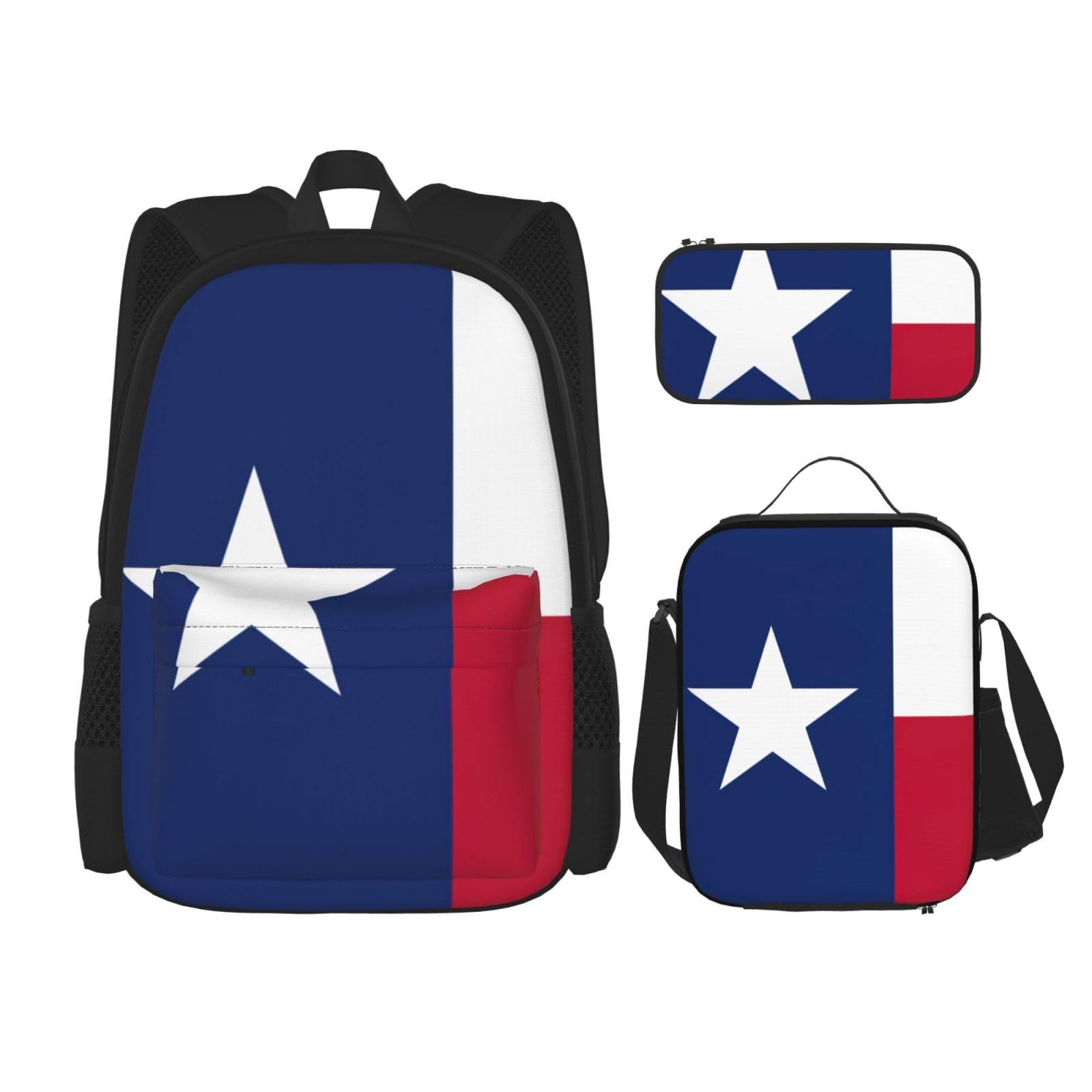 Sac à dos décontracté noir WURTON avec motif drapeau du Texas, sac déjeuner et trousse