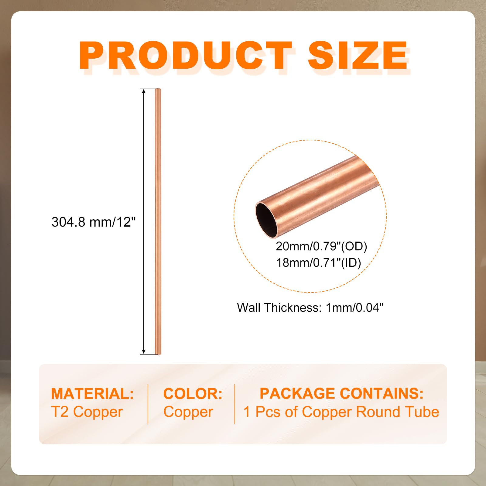 sourcing map Tube rond en cuivre, 20 mm de DE x 1 mm d'épaisseur de paroi x 300 mm (11,8") Longueur Tube en cuivre pur sans soudure Tube de tuyauterie métallique droite pour bricolages Artisanat