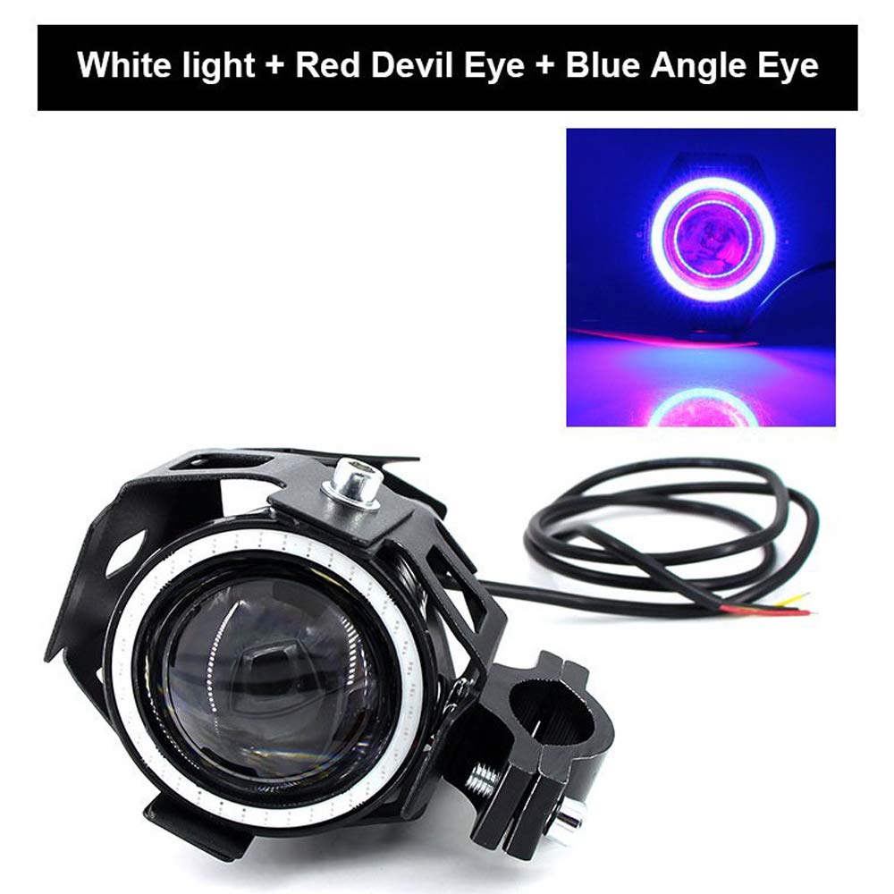 2pcs Bright 3000LM 125W LED Motorcycle Headlight with Demon Angel Blue Eyes Auxiliary Work Light Spotlight Driving Fog Spot Lamp Universal for Car Offroad ATV Truck + 2pcs Switch