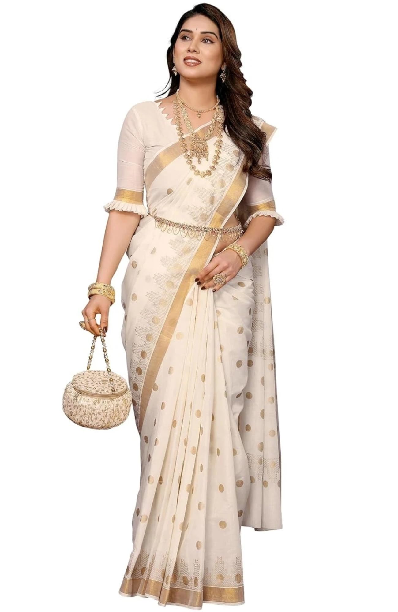Women's Kerala Kasavu Golden Polka Dot Kerala Kasavu Cotton Saree With Golden Zari Borderwith Running Blouse-image-46