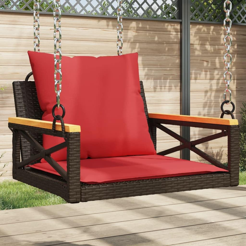 Poltrona sospesa da giardino e balcone, in rattan sintetico, con cuscino, telaio in acciaio verniciato a polvere, 63 x 62 x 40 cm, marrone (senza telaio e catene)