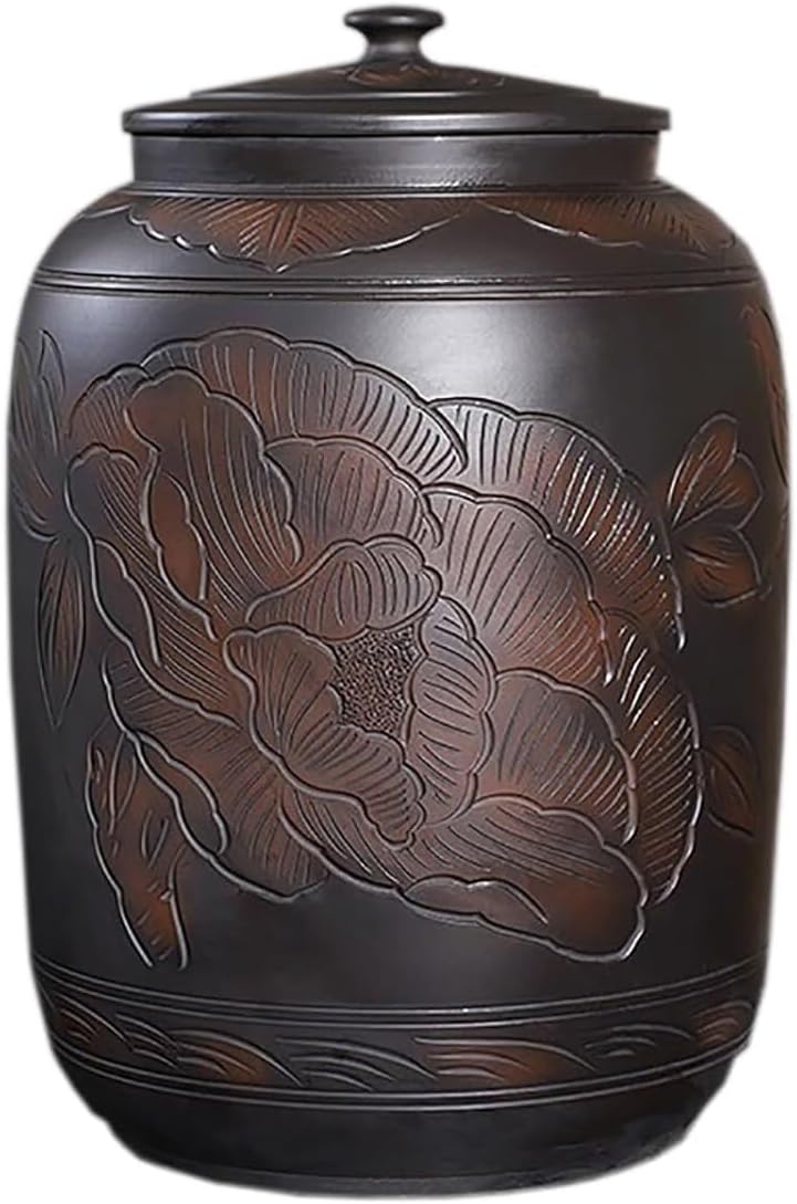 ELEFOCUS Chinese Porcelain Grain Dispenser, Retro Ceramic Cereal Storage Container, Large Ceramic Rice Jar With Lid(A,Capacity 15kg)