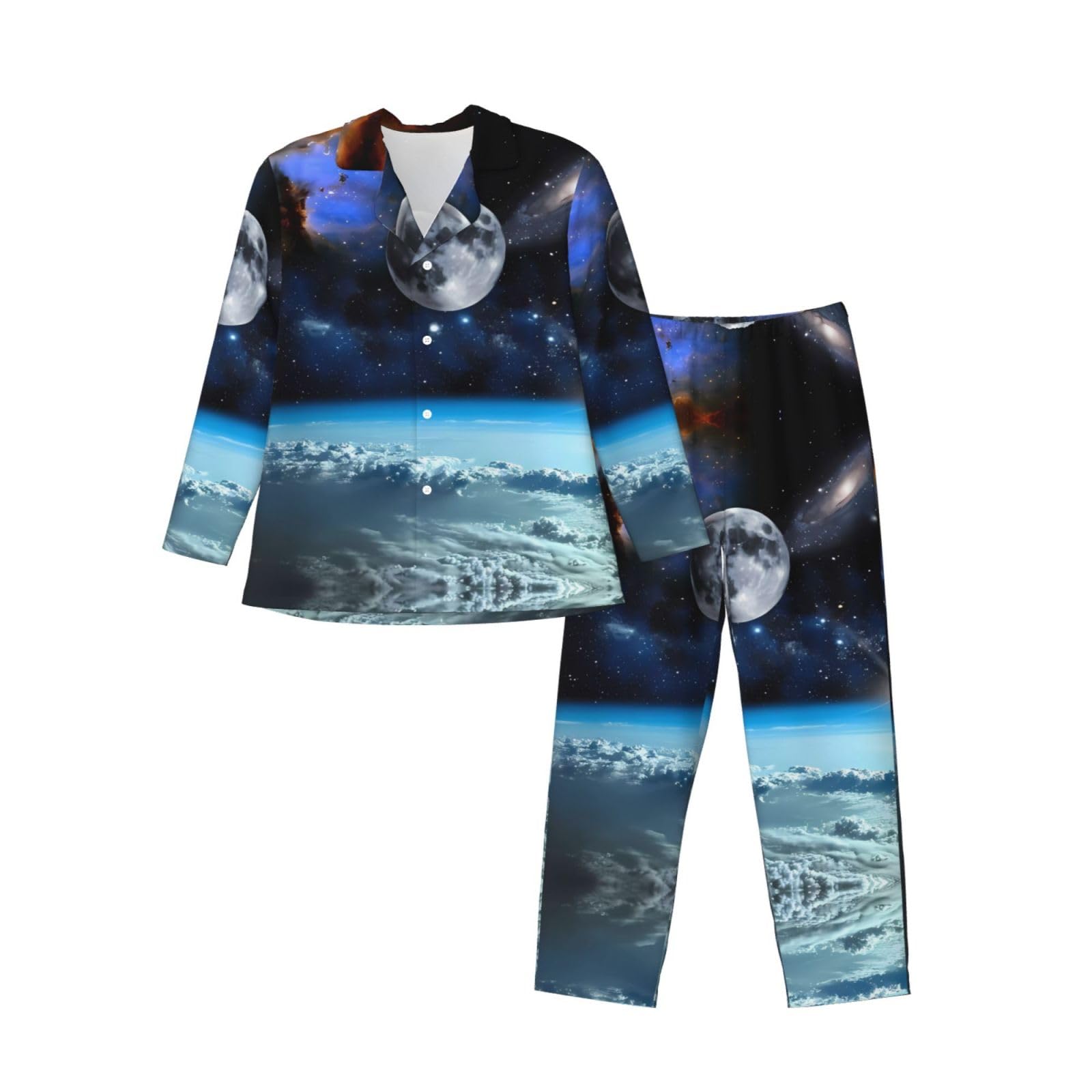 ZHAOUR S Men's Long-Sleeved Pajama Set - Soft Silky Space Planet Print Sleepwear, Loose Home Clothes, Breathable Jogger Black