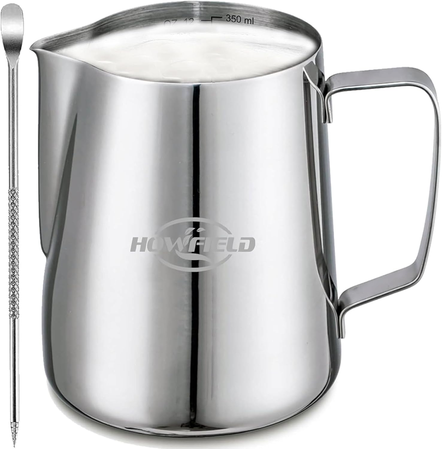 Milk Frothing Pitcher 12 Oz, Milk Frother Cup 304 Stainless Steel Steaming Jug with Clear Scale and Latte Art Pen, Barista Tools for Espresso, Cappuccino, Coffee Machine Accessories (350ml)