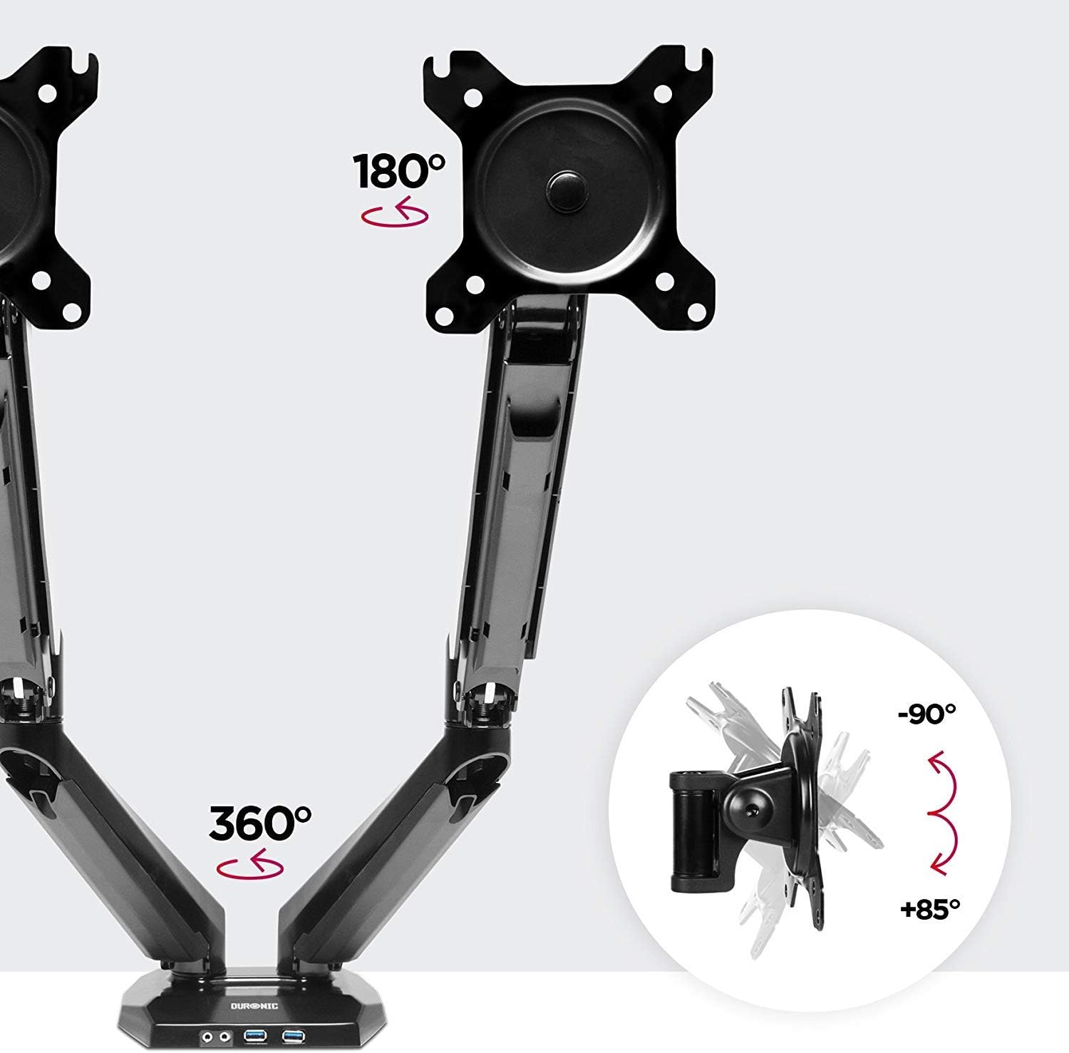 Duronic Monitor Arm Stand DMUSB52 | Dual PC Desk Mount | Headphone, USB, Microphone Extension Sockets | 13-27 inch LED LCD Screen | VESA 75/100 | Full Motion Tilt -90°/+85°, Swivel 180°, Rotate 360°