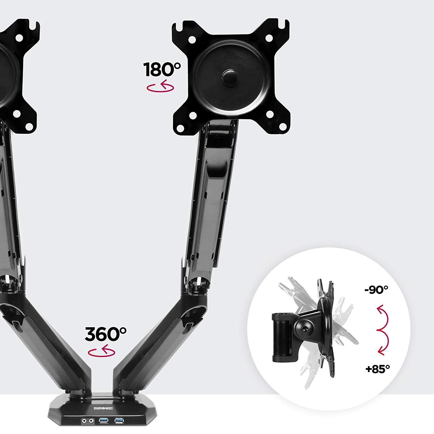 Duronic DMUSB5X2 Supporto Doppio Monitor 13"-27" con Bracci a Molla a Gas | Portata 8kg per Braccio, Altezza Regolabile 50cm, Inclinazione -90°/+85°, Base con Porte USB e Jack Audio, Alluminio