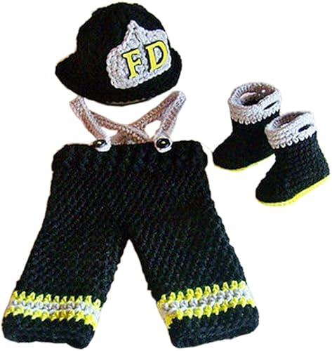 Pinbo Zapatos para niños recién nacidos Fotografía Crochet Bombero Sombrero Pantalones Zapatos