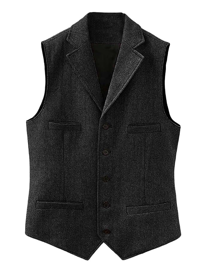 VENNYNG Men's Herringbone Notch Lapel Vest Tweed with 5 Buttons Adjustable Back Belt Waistcoat for Suits Weddings