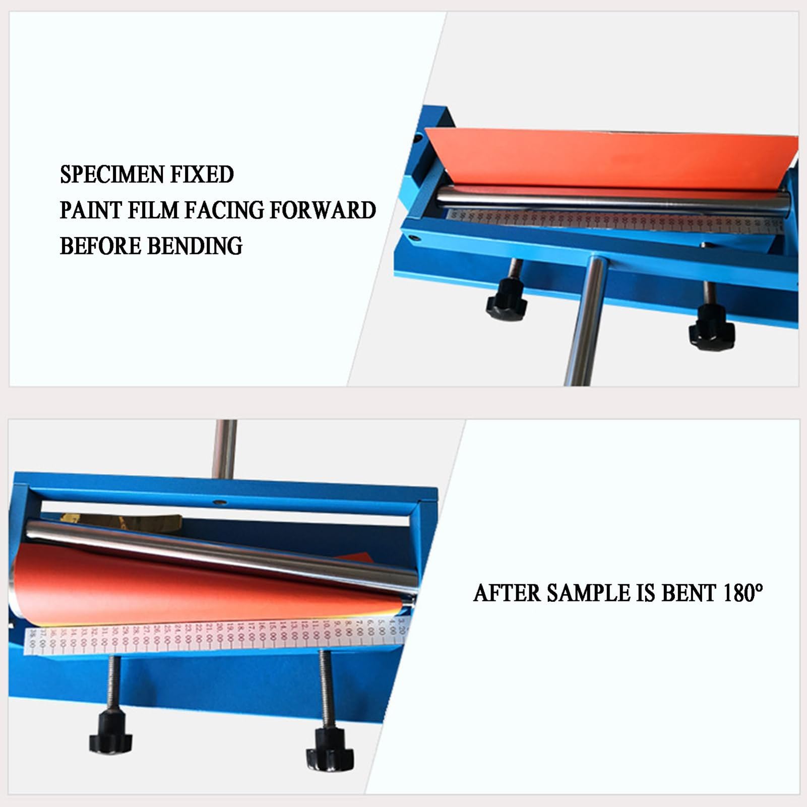 Tester di flessione a mandrino conico per la flessibilità dei rivestimenti, diametro 3,2-38 mm, lunghezza 203 mm, conforme alla norma ISO 1519.