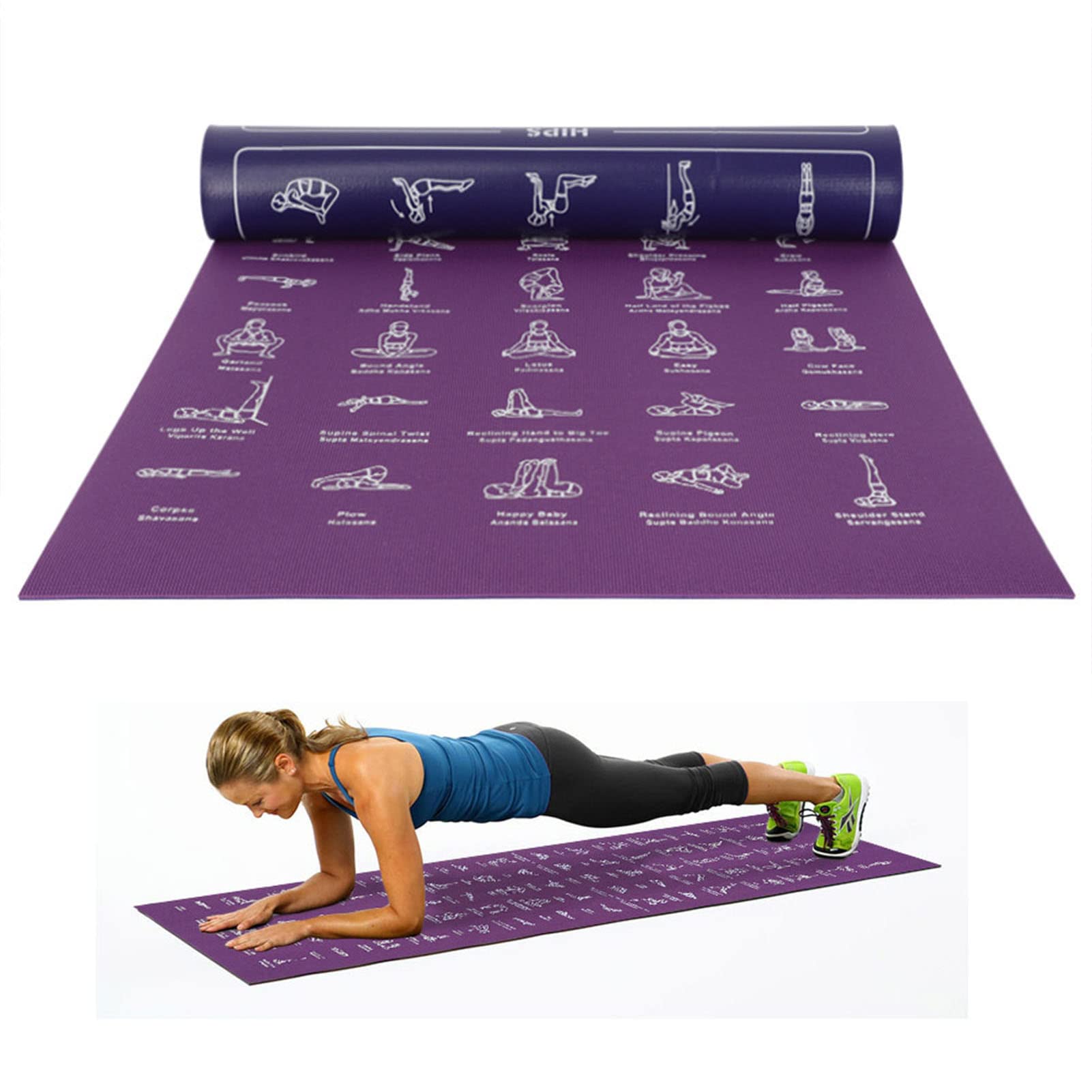 Tapis de yoga avec 75 postures d'entraînement, tapis d'exercice de fitness pour la maison, l'extérieur, gym, pilates, gymnastique, étirements