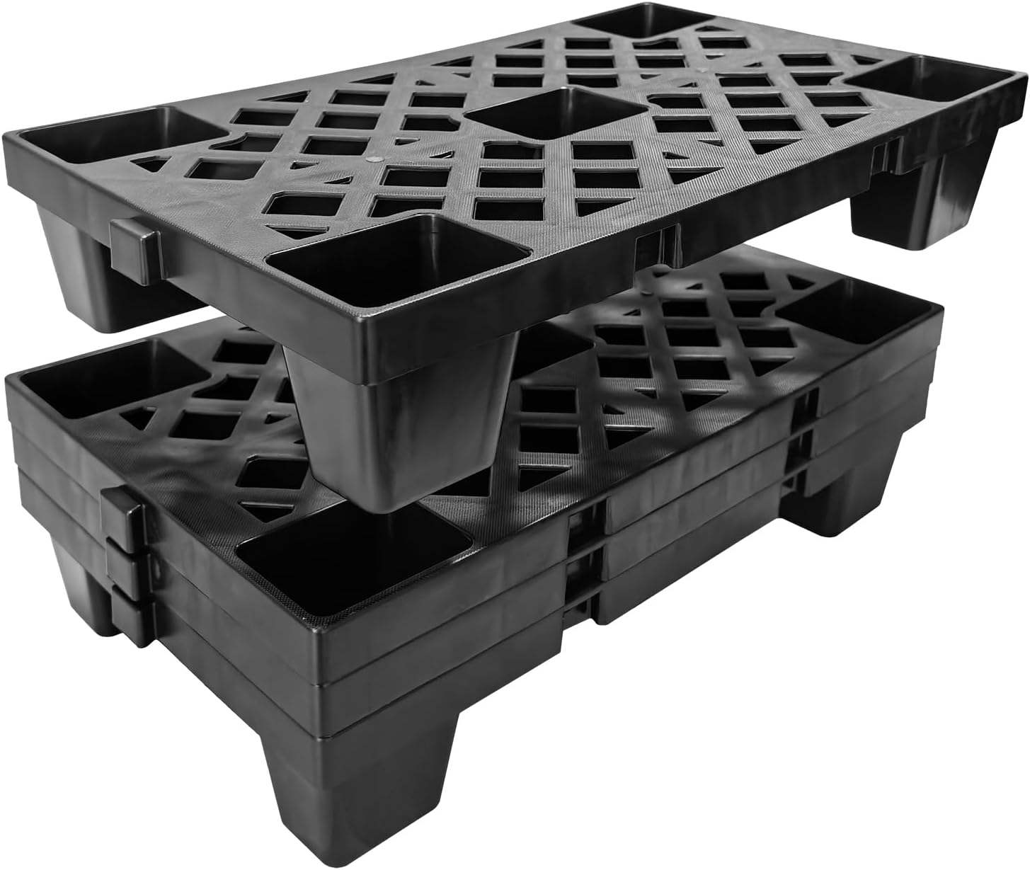 4 Pcs Plastic Pallets, 4 Pack Lightweight Nestable Stackable Floor Pallets, Interlocking Floor Tiles HDPE Grid Pads for Basement, Garage, Warehouse, Black, 19.7" x 11.8" x 3.9"
