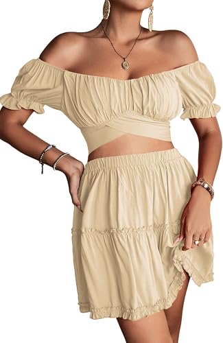 LYANER Women's 2 Piece Outfits Off Shoulder Tie Up Back Crop Top and Mini Skirt 