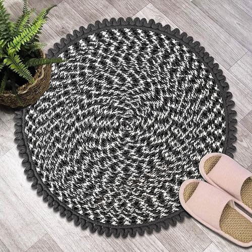 Image of Kuber Industries Pack of 2 Round Durable Door & Bathroom Mat for Indoor & Outdoor Use | 30 inchx30 inch Washable Kitchen Mat for Floor | Bedside Rug & Balcony Paidan | Spiral Design - Grey & White
