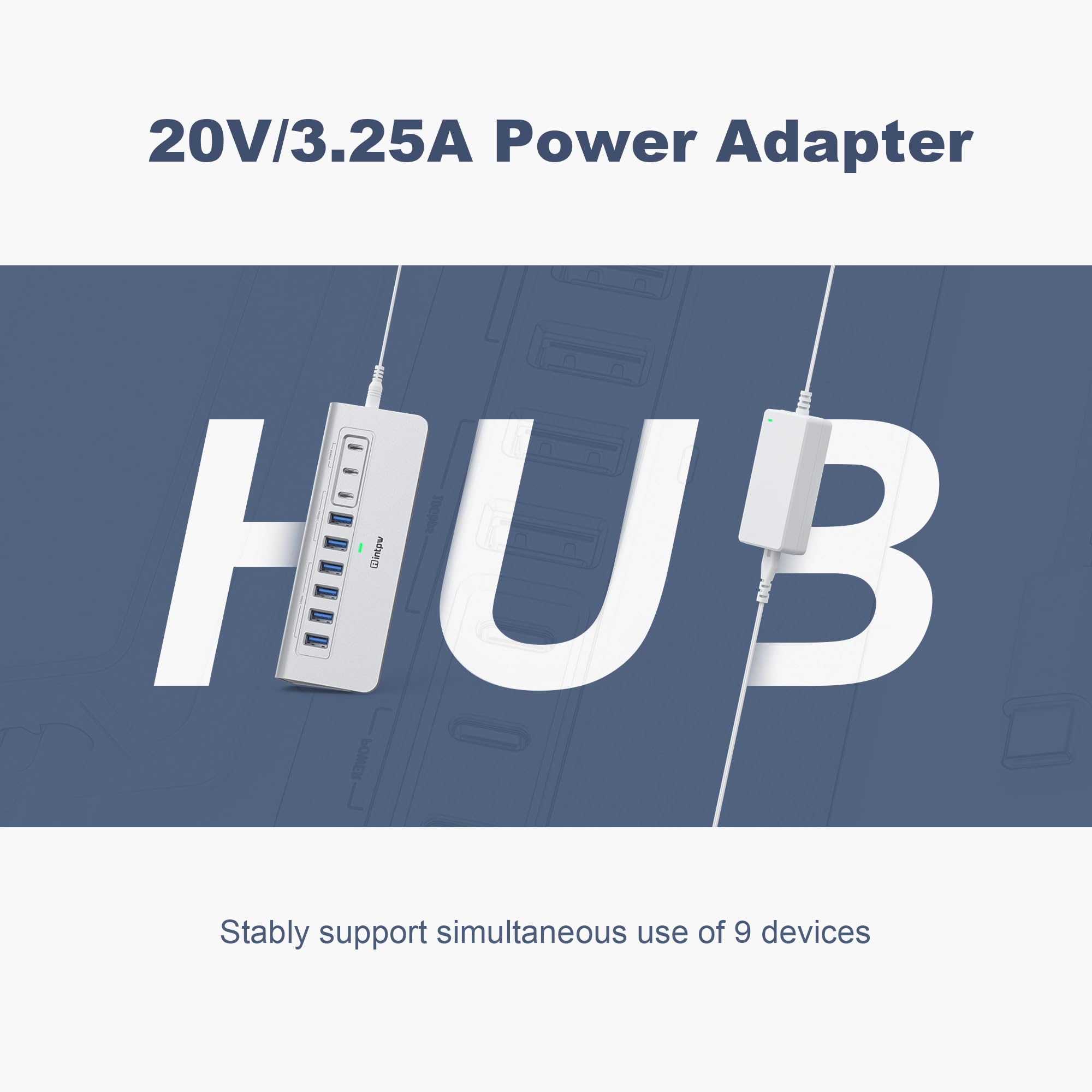 Hub USB alimentato da 10 Gbps, hub USB 3.2 intpw a 9 porte, hub USB C con USB A/USB C 3.2, 4 USB 3.0, 2 porte di ricarica PD 45 W, adattatore di alimentazione da 65 W e cavo da 3,3 m, hub USB in