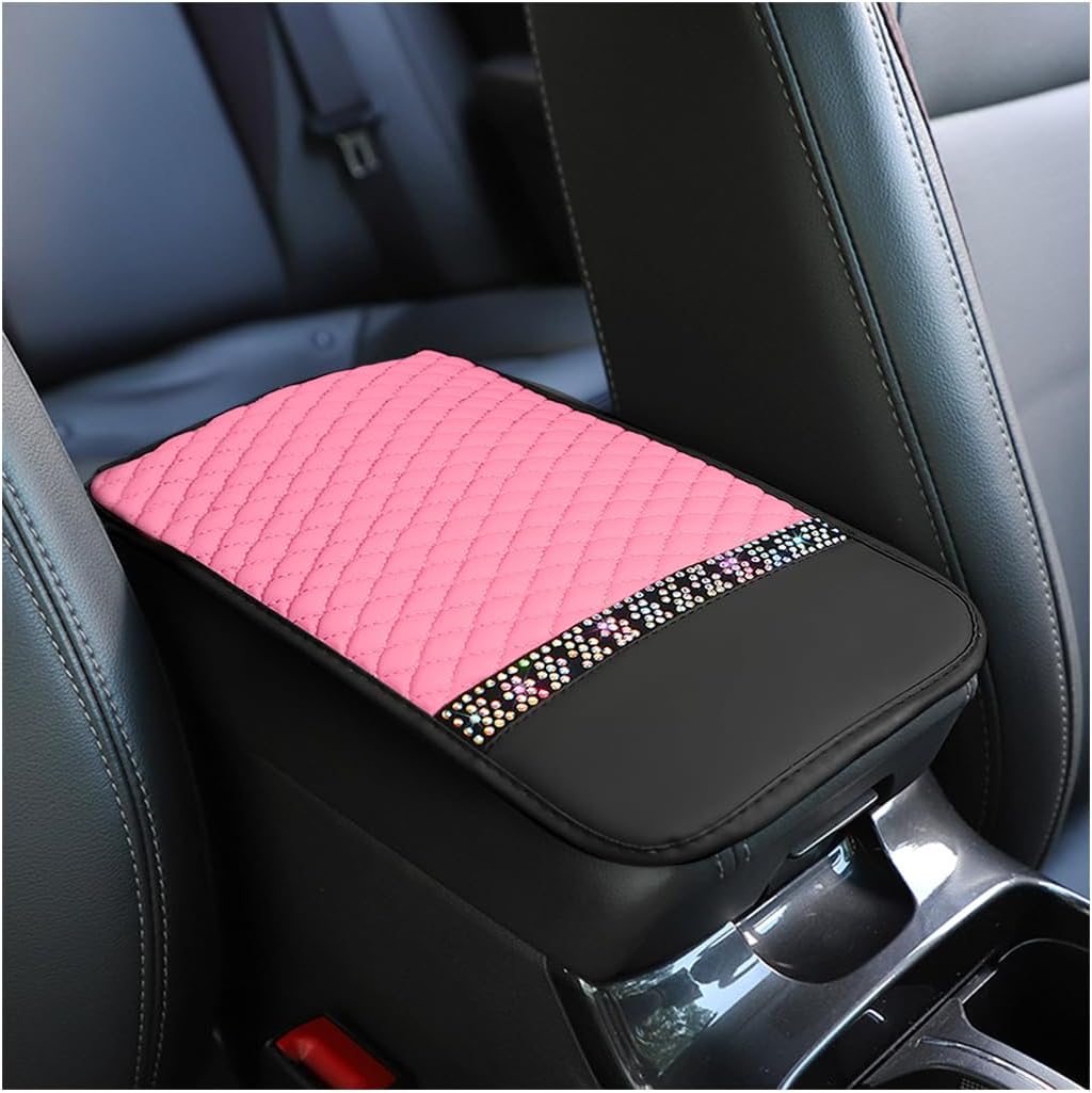 Bling Leather Car Armrest Box Cover, Center Console Protector for Auto, Anti-Scratch Arm Rest Cushion Pad with Crystal Rhinestones, Waterproof Universal Pads for SUV Truck (Pink)