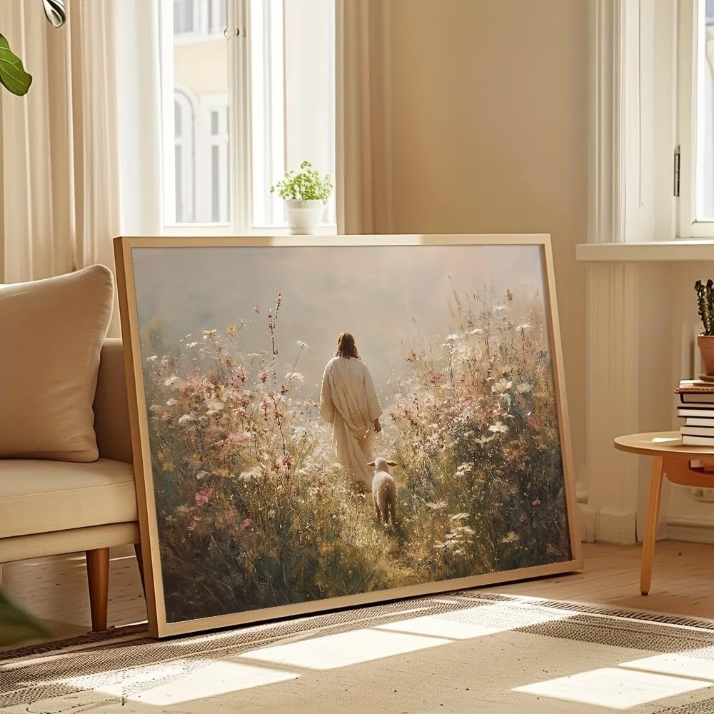 DAMAIART Christian Wall Art, Jesus Lamb in Wildflowers Wall Decor, Lost Lamb Poster Print, The Good Shepherd Wrapped Canvas Artwork(50x70cm/Canvas Wrap)