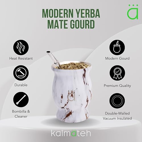 Miniatura 2 de Kalmateh Yerba Mate - Juego de calabaza tradicional y moderna, incluye popote de filtro Bombilla y cepillo de limpieza, acero inoxidable de doble