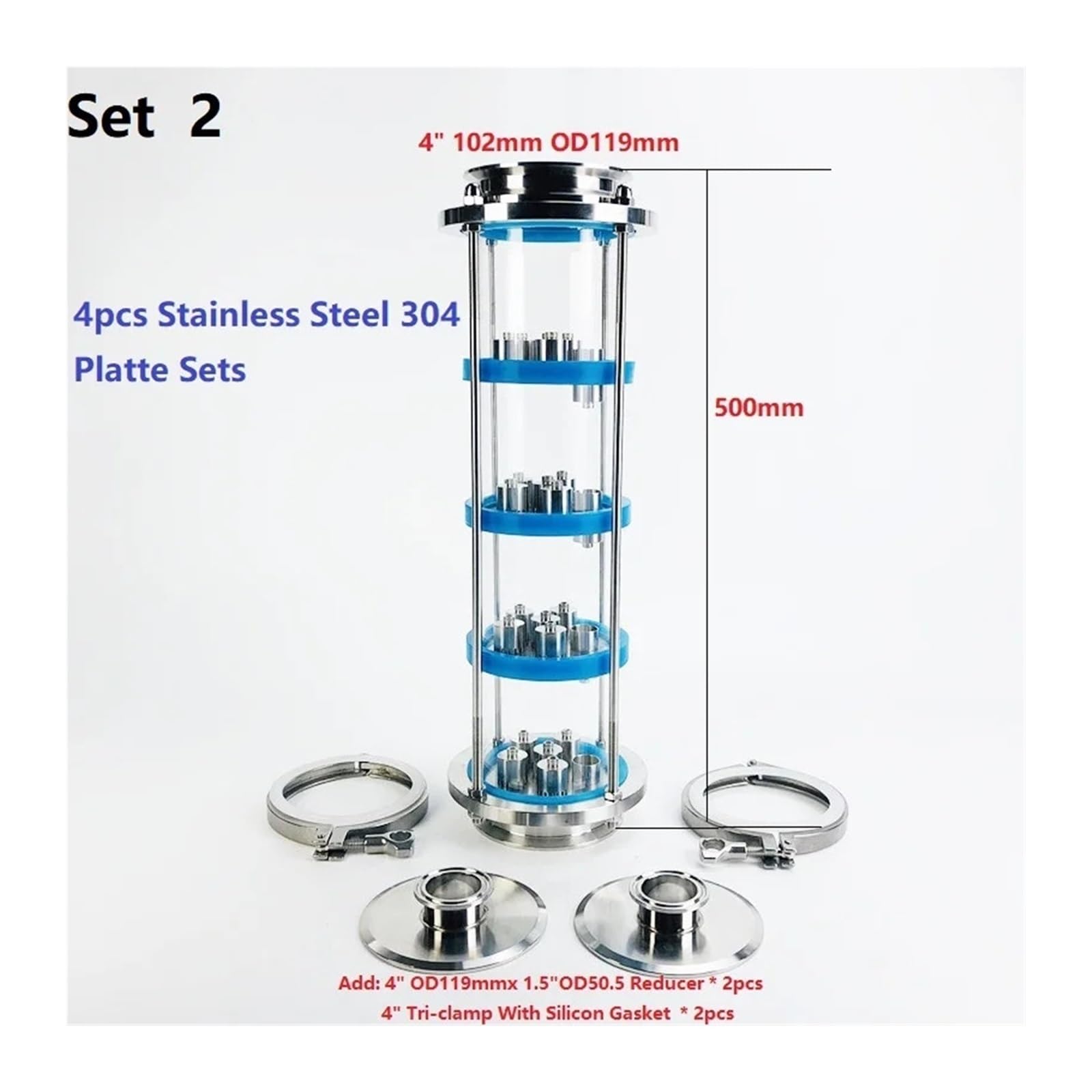 Colonna For Lenti Di Distillazione Colonna di lenti di distillazione da 4" con set di piastre in acciaio inossidabile 304 da 4 pezzi, raccordo in vetro spia Tri-Clamp in acciaio inossidabile 304(Set 2