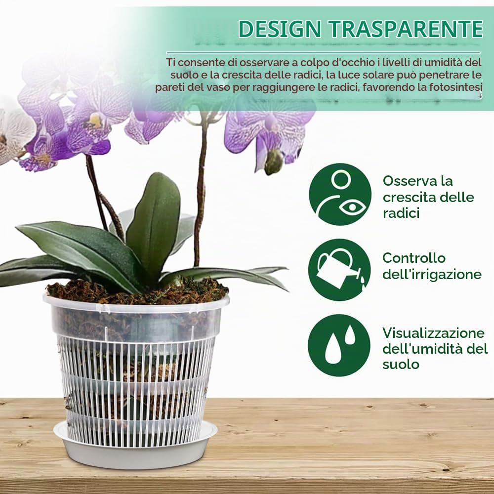 10 Pz Vasi Trasparenti per Orchidee con 10 Vassoi, 14/16cm Vaso per Orchidee in Plastica Trasparente Vasi per Orchidee Trasparenti con Foro per Drenaggio Vasi in Plastica per Piante e Rinvaso