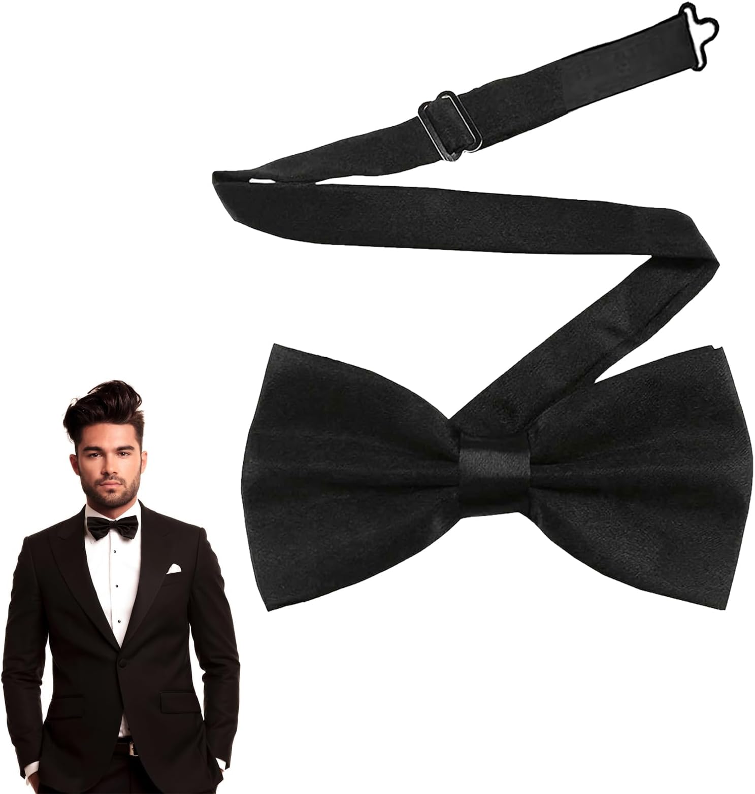 Classic Solid Color Pre-Tied Bow Tie for Men, Satin Tux Bowtie, Adjustable Formal Neck Bow Tie for Parties, Wedding (Black)