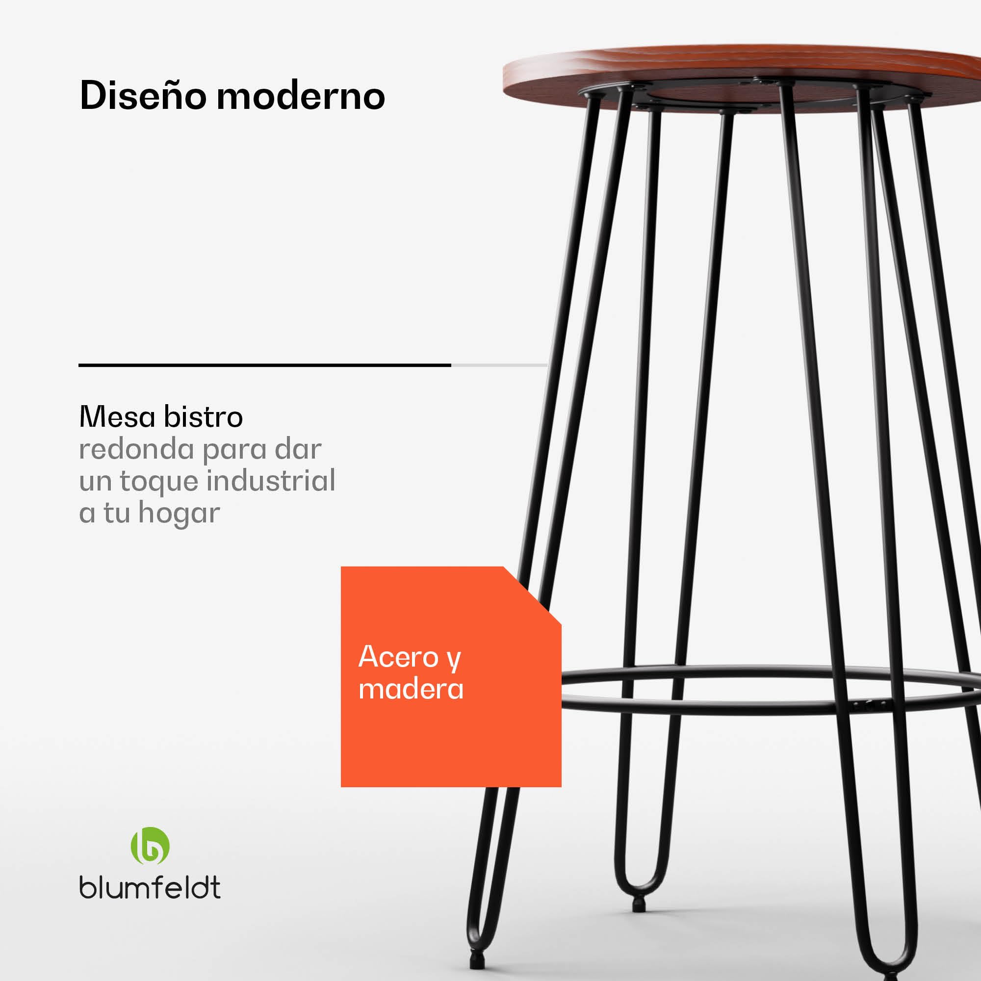 blumfeldt Mesa Bistro, 60cm Madera Caoba, Estilo Industrial, Estructura Acero con reposapiés, Mesa de Bar, Ideal para Cocina & Comedor