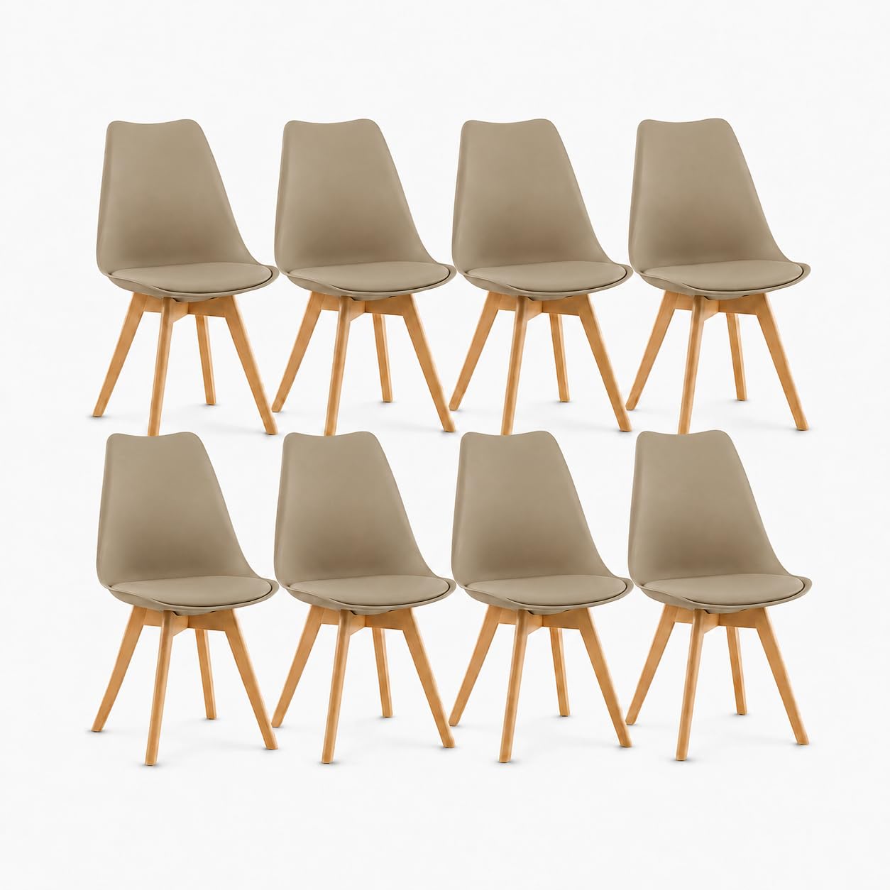 EGGREE Set of 8 Dining Chairs with Ergonomic Plastic Backrest & Beech Wood Legs with Anti-Slip Felt Pads, 120KG Capacity Retro Kitchen Chairs, Khaki — image 1