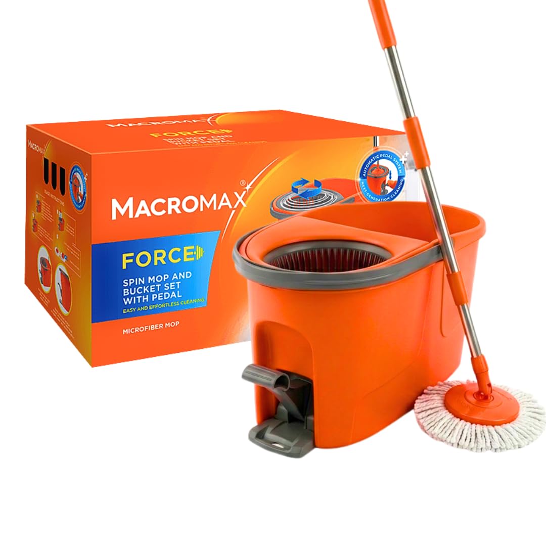 MACROMAX FORCE Spin Mop and Bucket Set with Foot Pedal – 360° Microfibre Mop, Hands-Free Pedal Wringer, Telescopic Handle up to 128cm Multi-Surface Floor Cleaning for Hardwood, Tile, Laminate & Vinyl