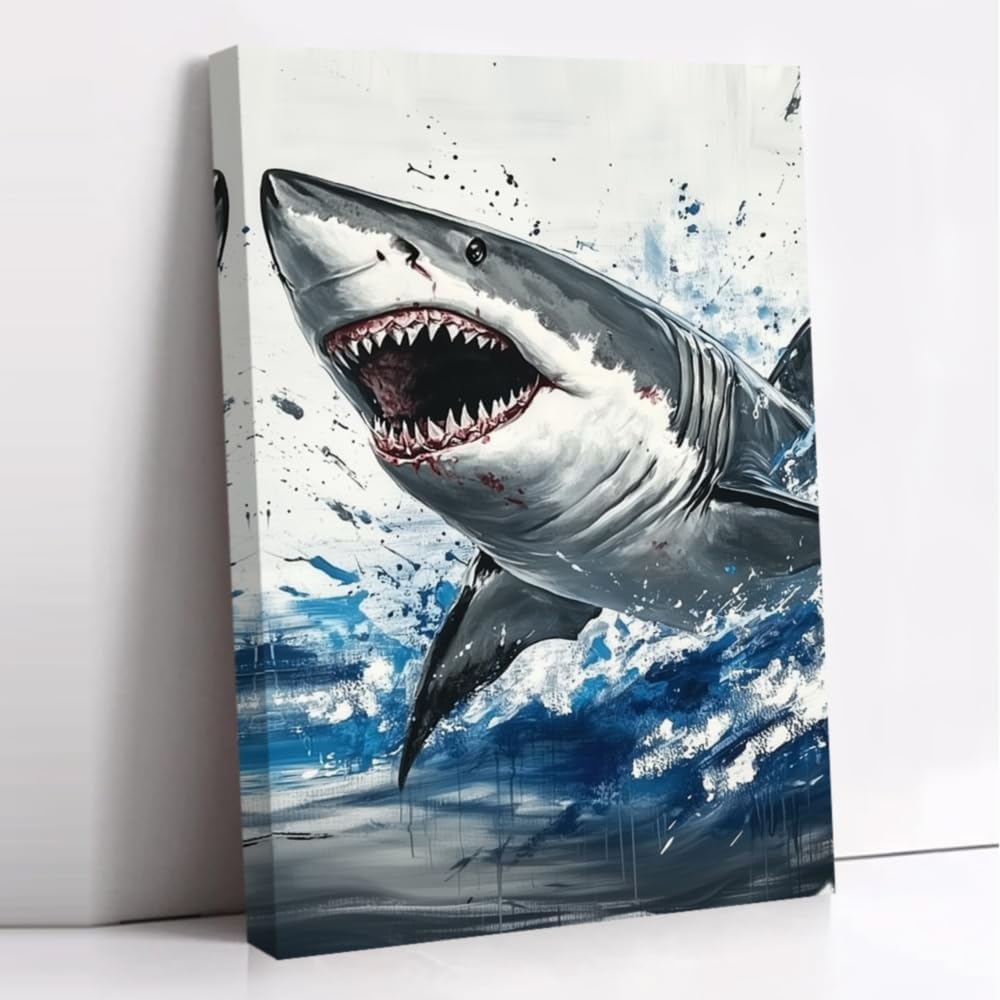 CCWORKERRY Shark Bathroom Wall Art Ocean Animal Pictures Sea Creature Poster Nautical Themed Canvas Painting Art Lake House Wall Decor Framed(Blue,12L x 18W)