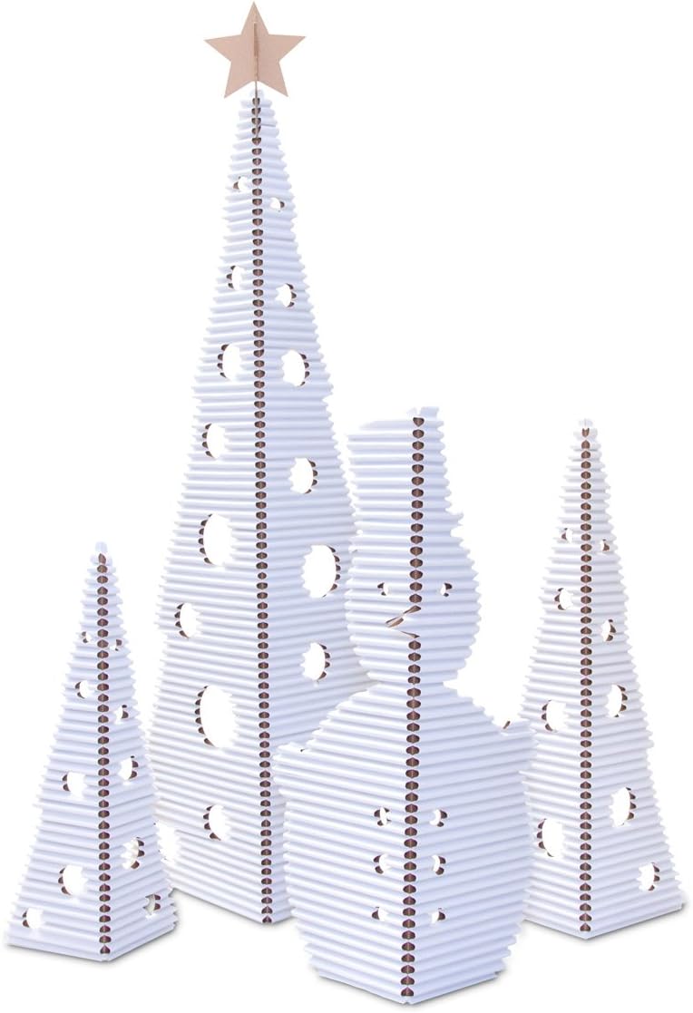 cArtù Christmas Set: 3 self-standing trees and a snowman made out of cArtù, a new kind of cardboard. Large tree: 1.6m tall, medium: 95.5cm tall, small: 74.5cm tall, snowman: 92cm tall Color: white