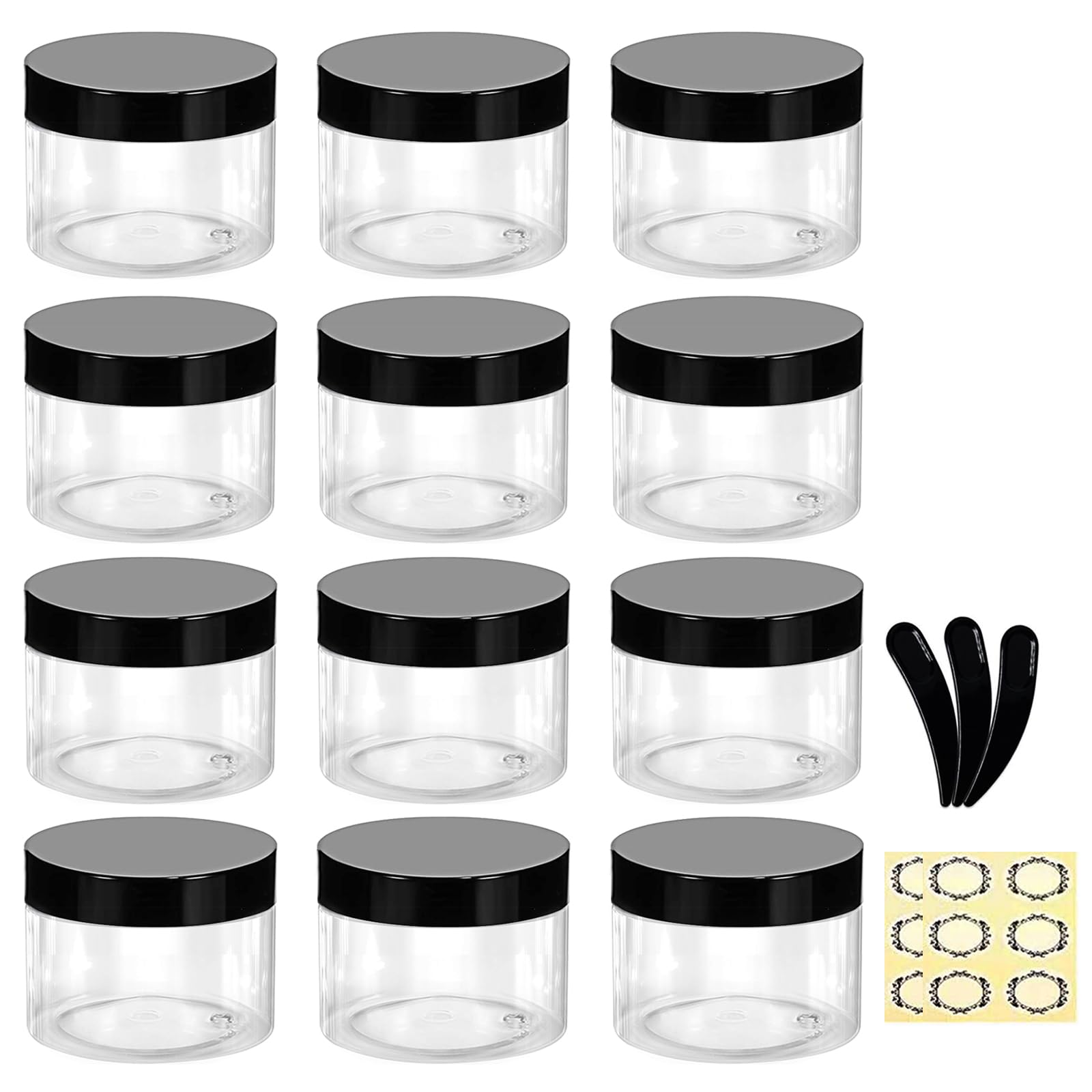 12Pcs, 30ml/30g Empty Plastic Cosmetic Jars With Black Lids & Inner Liners