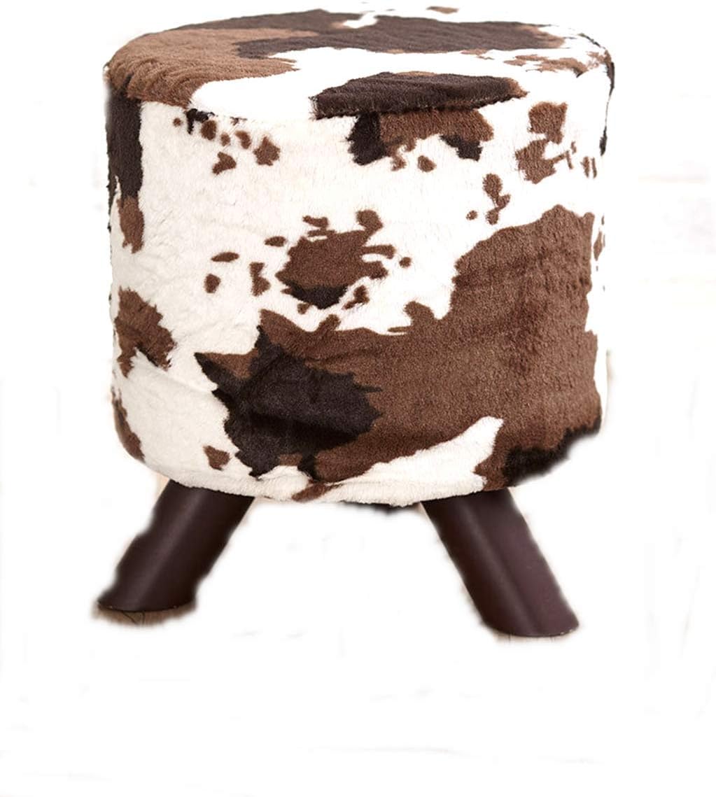 Animal Print Fabric Covered Ottomans Rustic Footstools Chic Cowhide Brown Home Fur Small Seat Western Lodge Living Room Decor Dia. 12 inches x H.13-1/2 inches